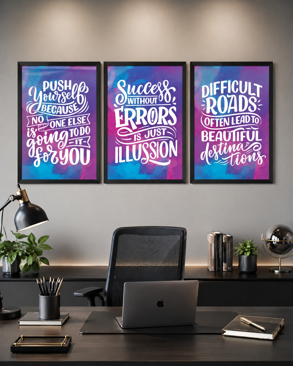 Motivational Wall Art Set of 3, Inspirational Quote Posters with Frames