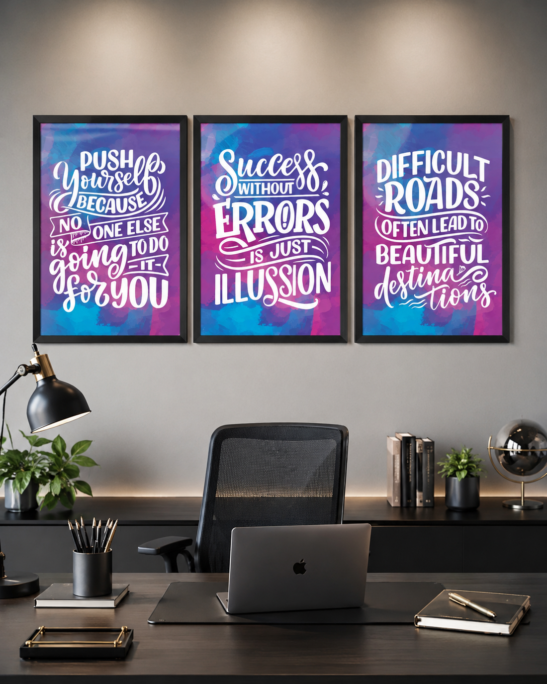 Motivational Wall Art Set of 3, Inspirational Quote Posters with Frames