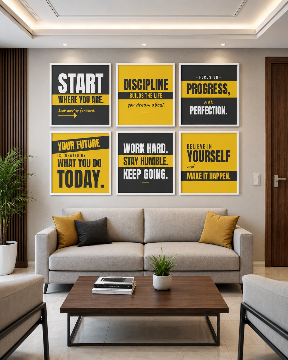 Motivational Wall Art Set of 6, Framed Square Quote Prints in Black and Gold