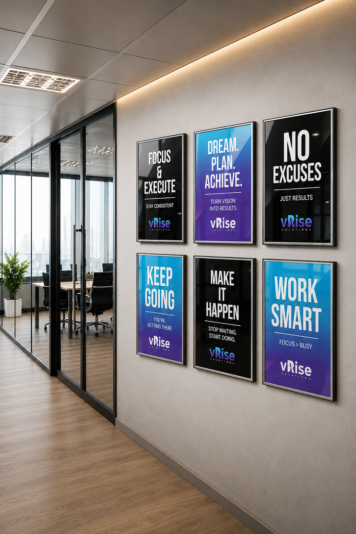 Custom Corporate Motivational Wall Art Set of 6, Framed Quote Posters With Your Logo
