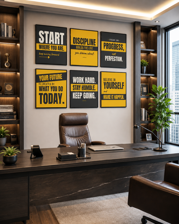 Motivational Wall Art Set of 6, Framed Square Quote Prints in Black and Gold