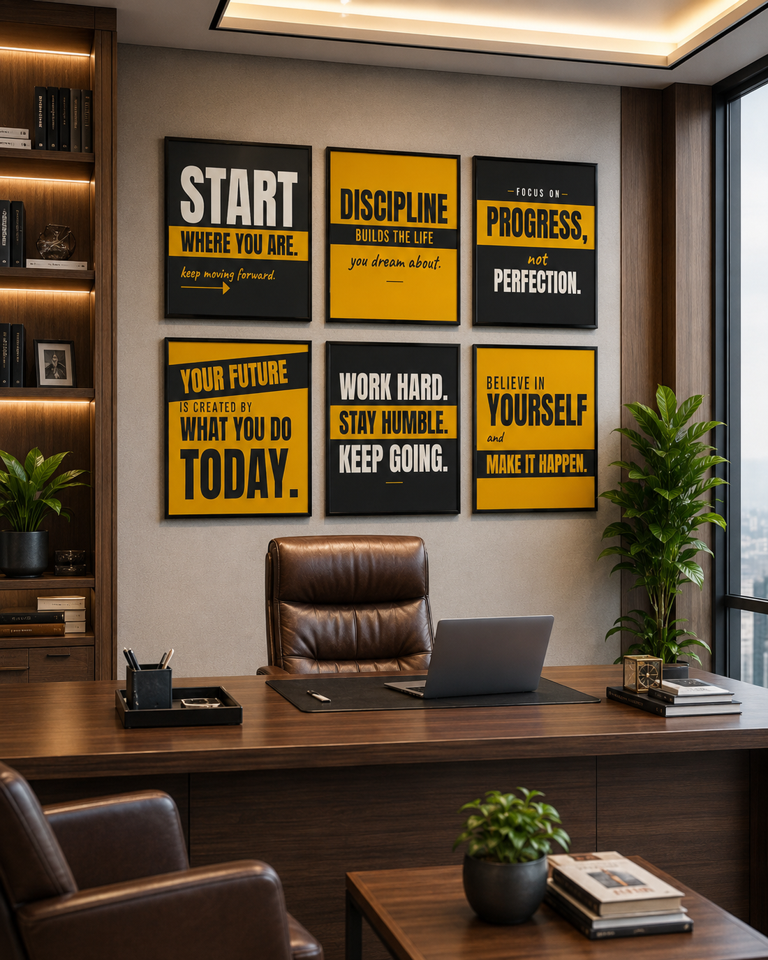 Motivational Wall Art Set of 6, Framed Square Quote Prints in Black and Gold