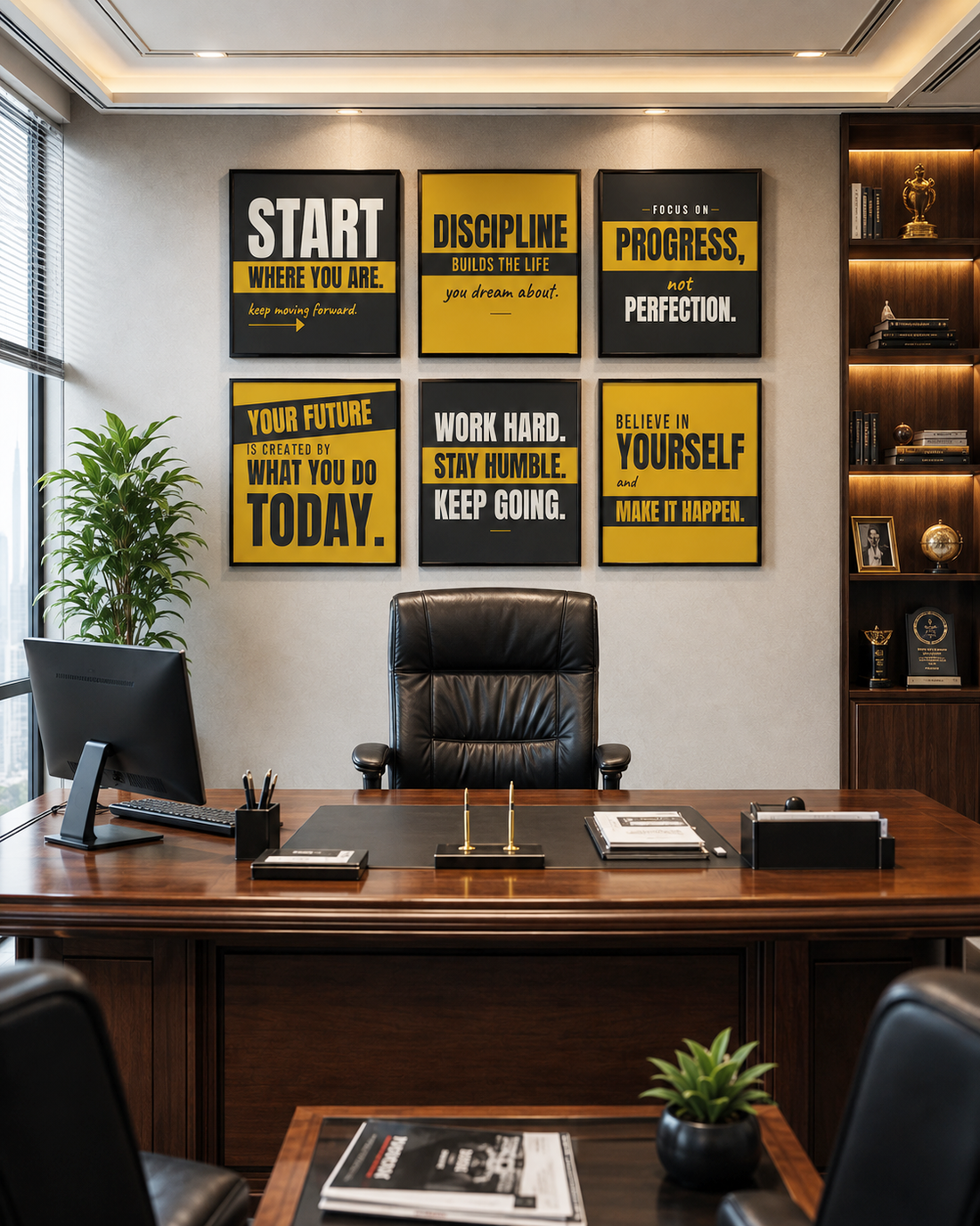 Motivational Wall Art Set of 6, Framed Square Quote Prints in Black and Gold